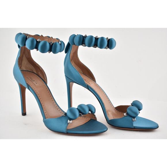 Alaia Bombe 90mm Blue Canard Satin Studded Ankle Strap Sandal Heel Pump 37.5 - Picture 3 of 9